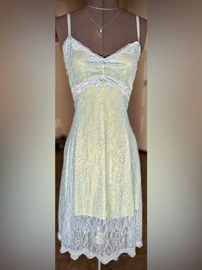 Vintage Y2K Lace Mini Dress Slip Dress Light Blue Green Rosette M